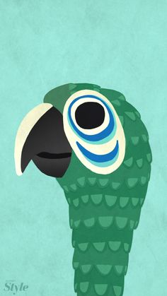 an illustration of a green parrot with blue eyes