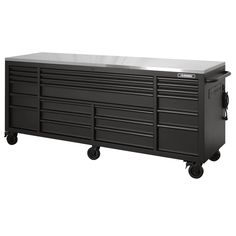 a black tool cabinet with wheels and drawers on the top, in front of a white background