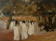 an oil painting of women in white dresses