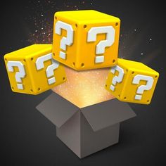 three yellow dices sitting on top of a box with question marks in it's center