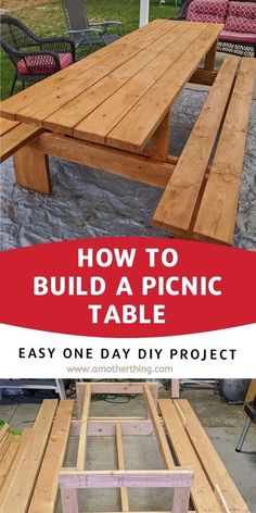 a picnic table made out of wooden pallets with text overlay that reads how to build a picnic table easy one day diy project