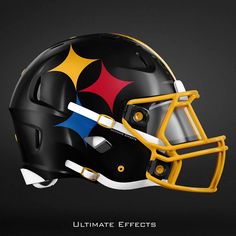 a football helmet with the pittsburgh logo on it's side and yellow trims