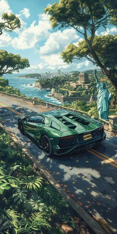 a green sports car driving down a road next to the statue of liberty on top of a hill