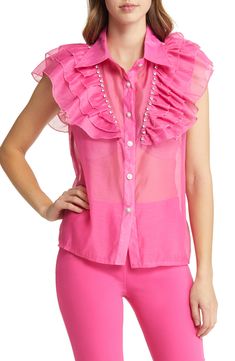 Floaty layered ruffles romance this cotton-blend blouse accented with dazzling rhinestones. Spread collar Short sleeves 60% cotton, 40% polyester Hand wash, dry flat Made in the USA Blouse Nordstrom, Bright Pink, Ruffles, Top Brands, Button Up, Top Blouse, Hand Wash, Cotton Blend, Short Sleeves