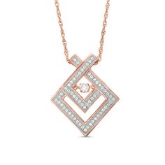 From the Unstoppable Love™ Collection, this scintillating drop pendant brings the sparkle to your attire. Crafted in sterling silver with 14K rose gold plate, this entrancing design showcases artfully layered ribbons lined with petite lab-created white sapphires in a striking geometric shape. At the center, a shimmering 3.0mm created white sapphire glistens in a unique setting that moves with every beat of her heart and every turn of her head. Buffed to a brilliant luster, this pendant cleverly Rectangular Rose Gold Cubic Zirconia Jewelry, Elegant Rose Gold Diamond-shaped Necklace, Formal Rose Gold Square Pendant Jewelry, Rose Gold Diamond-shaped Jewelry For Anniversary, Modern Square Pendant Jewelry With Diamond Cut, Modern Rose Gold Rectangular Jewelry, Modern Square Pendant Jewelry For Anniversary, Rose Gold Sterling Silver Square Pendant Jewelry, Rose Gold Square Pendant Jewelry In Sterling Silver