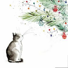 a watercolor painting of a cat sitting under a christmas tree with ornaments on it