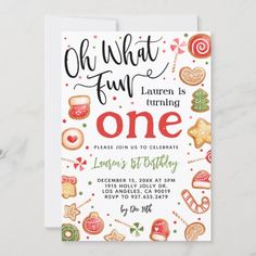 a birthday party card for someone's one year old with cookies and candies