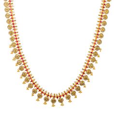 Add an elegant layer of cultural significance to your outfits with this stunning 22k yellow gold kasu necklace! The rich rubies and shimmering cubic zirconia decorating this beautiful Indian gold necklace is perfect to wear with both traditional wear and evening looks. Features• 22k Yellow Gold.• Rubies. • Cubic Zirconia.Specifications• Minimum Necklace Width - 2 millimeters • Maximum Necklace Width - 15 millimeters• Necklace Length - 26 inches• Total Weight - 80.8 grams Festive 22k Gold Dual-tone Necklaces, Dual-tone Yellow Gold Temple Jewelry Necklace, Yellow Gold Dual-tone Temple Jewelry Necklaces, Yellow Gold Dual-tone Temple Jewelry Necklace, Round Temple Necklaces With Zari Work, 22k Gold Round Temple Necklace For Festive Occasions, Festive Ruby Temple Necklace With Meenakari, Ruby Meenakari Temple Necklace For Festivals, Traditional Red Kundan Necklace In 22k Gold