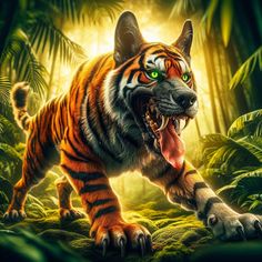 a tiger with its mouth open walking through the jungle