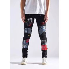 * Embellish Nyc Men's Jean * Distressed Denim * Patchwork And Rip Details * Skinny Fit * Stretch Fabric * 98% Cotton, 2% Spandex * 34" Inseam * Imported * Mpn Embhol21-2-10 * Msrp $145 Ripped Jeans Men, Stretch Denim Pants, Streetwear Clothes, Black Ripped Jeans, Stylish Pants, Embellished Jeans, Patched Jeans, Destroyed Jeans, Denim Patchwork