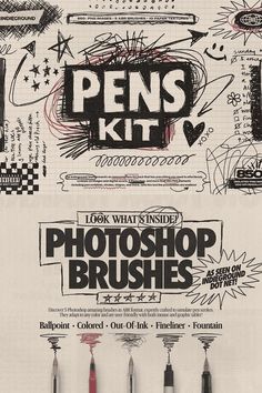 an advertisement for pens and brushes on a piece of paper