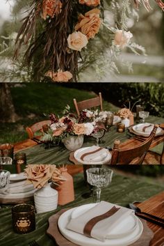 the table is set with flowers and plates