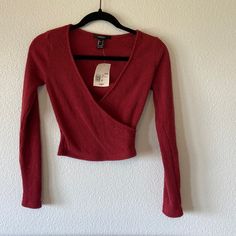 Criss Cross In The Front, Long Sleeve Ribbed Top. Red In Color. V Neck. Size Small. Forever 21. New With Tags. Red Shirt Long Sleeve, Desired Wardrobe, Venom 2, Shopping Wishlist, Red Long Sleeve, Ribbed Top, Red Top, Red Shirt, Dream Clothes