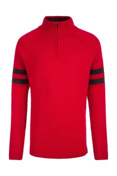 a red sweater with black stripes on the sleeves and chest, in front of a white background