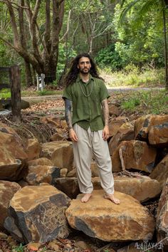 Our PABLO top is made of 100% cotton . . . its a button down design, eco-dyed slowly with natural colours and then block printed carefully by hand . . . Featuring one front side pockets it exhibits an interesting blend of casual and formal styles . . . Our model is 6'1 / 185 cm and he is wearing the Large Measurements: Large Length: 77 cm / 30 inches Hippie Outfits Men, Bohemian Outfit Men, Mens Kimono Jacket, Ritual Clothing, Mens Poncho, Hippie Men, Moda Hippie, Coconut Shells, Male Kimono