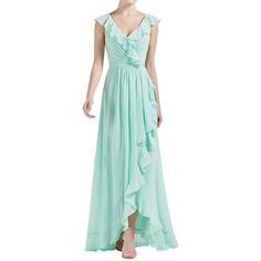 MACloth Women V Neck Ruffle Cap Sleeve Hi-Lo Long Wedding Bridesmaid D Green V-neck Bridesmaid Dress For Wedding, Green Chiffon Wedding Dress, Green Chiffon Mother Of The Bride Dress For Wedding, Green Floor-length Chiffon Wedding Dress, Chiffon Bridesmaid Dress With Ruffles For Wedding, Chiffon Ruffles Bridesmaid Dress For Wedding, Elegant Ruffled Maxi Dress For Beach Wedding, Spring Wedding Bridesmaid Dress With Ruffles, V-neck Bridesmaid Dress With Ruffles