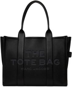 Grained leather tote in black. · Rolled shoulder straps · Logo embossed at face · Carry handle at side · Logo patch at back face · Bumper pads at base · Zip closure · Card slot at interior · Zip pocket and patch pockets · Buffed leather and twill lining · H13 x W16 x D5 Supplier color: Black Marc Jacob’s Tote Bags, Black Lether, Black Designer Bags, Raffle Ideas, Marc Jacobs The Tote Bag, Marc Jacobs Tote Bag, Large Leather Tote Bag, Marc Jacobs Tote, Bags Messenger