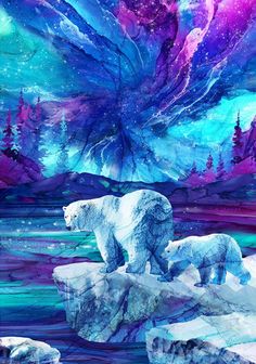 two polar bears standing on top of an iceberg in the water under a colorful sky