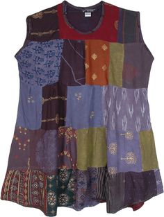 A mixed-print patchwork sleeveless dress top with breathable rayon fabric for Summers.  It's an easy casual pull-over style summer dress that is unique in every piece as it's made from recycled patches, but with the same color tones; it can be dressed up or down. #tlb #Sleeveless #Patchwork #Yoga #vacationclothing #beachwrap #Floral #Printed #bohemianfashion #Handmade #Patchworkrayondress #Bohemiandress #summerfundress Casual Purple Patchwork Dress, Sleeveless Patchwork Dress For Festivals, Bohemian Purple Patchwork Dress, Bohemian Purple Dress With Patchwork, Sleeveless Patchwork Tops For Beach, Sleeveless Patchwork Beach Tops, Summer Purple Patchwork Top, Cotton Patchwork Dress For Festival, Hippie Sleeveless Patchwork Tops