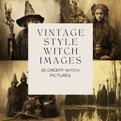 vintage style witch images are shown in three different styles, including witches and wizard's