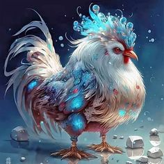 a painting of a rooster with blue feathers on it's head, standing next to ice cubes