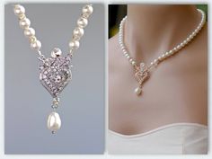 "Our popular 'Lucy' earrings prompted us to create a pearl necklace featuring the Lucy focal as a pendant. Wearing it will add a lovely vintage touch to your wedding day. Swarovski pearls in a single strand measure 15\" (other lengths available for selection) with the option of a 1.5\" extender. The pendant drop = 1 3/4\". A teardrop pearl accentuates the crystal pendant beautifully. NOTE: Please leave a note at checkout if you do NOT want the extender. If no note is left we will supply the exte Victorian Pearl Necklace For Wedding, Vintage Pearl White Wedding Necklace, Vintage Pearl Drop Bridal Necklace For Wedding, Vintage Pearl White Wedding Jewelry, Wedding Jewelry With Pearl Pendant, Vintage Pearl Necklace For Wedding, Vintage Pearl Drop Necklace For Wedding, Victorian Pearl Charm Necklace For Wedding, Vintage Pearl Drop Bridal Necklace Gift