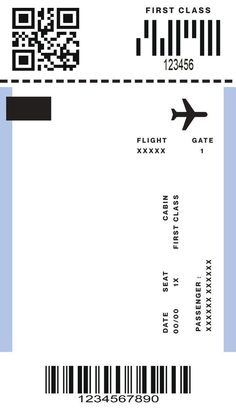 a boarding card with an airplane on the side and a barcode for flight tickets