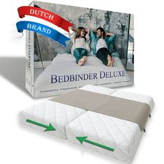 the beddinger deluxe mattress is in front of a box with an arrow pointing to it