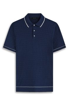 Knit from a breathable cotton-blend yarn with a cozy cable stitch, this short-sleeve polo-sweater is soft against the skin for comfortable styling. 27" length (size Medium) Button half-placket Spread collar Short sleeves 90% cotton, 10% polyester Machine wash, dry flat Made in Turkey Textured Knit Collared Polo Shirt, Navy Short Sleeve Polo Sweater With Ribbed Collar, Casual Polo Collar Top With Pointelle Knit, Casual Tops With Pointelle Knit And Polo Collar, Casual Pointelle Knit Top With Polo Collar, Casual Pointelle Knit Polo Sweater, Casual Navy Knit Polo Sweater, Classic Cotton Cable Knit Polo Sweater, Relaxed Fit Short Sleeve Knit Polo Sweater