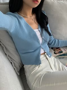 Blue Casual Collar Long Sleeve Fabric Plain  Embellished High Stretch  Women Clothing Outfits With Blue Cardigans, Simple Cardigan, Cardigan Blue Outfit, Blue Long Sleeve Shirt Outfit, Blue Casual Outfit, Outfits Color Azul, Blue Style, Cute Simple Outfits Casual, Soft Blue Outfit