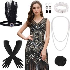 1920s V Neck Sequin Beaded Fringed Dress With 20s Accessories Set Prom Dresses Midi Length, Great Gatsby Party Dress, 20s Accessories, 20s Costume, Gatsby Party Dress, Fringed Dress, Great Gatsby Dresses, Flapper Dresses, Flapper Headband