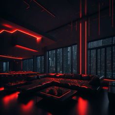 a living room with couches and red lights on the ceiling, overlooking a cityscape