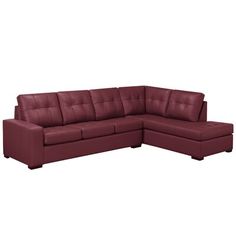 a red leather sectional sofa sitting on top of a white floor