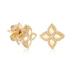 Roberto Coin "Princess" 18kt Yellow Gold Flower Stud Earrings. Founded in Vicenza, the City of Gold in 1977, Roberto Coin jewelry celebrates the elegance of femininity, creativity and craftsmanship. From the "Princess" collection, this refined pair of 18kt yellow gold flower stud earrings show off distinguished details. The contrast between the smooth polished petals and their roped borders give the pair a charming aura, making them an ideal choice for everyday wear. Post/clutch, 18kt yellow gol Luxury Yellow Gold Flower Shaped Diamond Earrings, Luxury Floral Cluster Earrings As Gift, Luxury Flower-shaped Diamond Earrings, Luxury Flower Diamond Earrings, Luxury Yellow Gold Flower Shaped Cluster Earrings, Luxury Yellow Gold Flower Earrings For Formal Events, Luxury Yellow Gold Flower Earrings For Formal Occasions, Luxury Flower Cluster Earrings As Gift, Luxury Flower Cluster Earrings For Gift