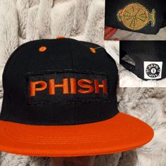 Black And Orange Phish Hat, Custom Phish Flat Brim Hat, Rare Phish Hat, Rare Phish Hip-Hop Hat, Custom Phish Hat, Handmade Phish Hat, Custom Phish Flat Bill Hat, Jank N Jive Brand Phish Phan Art Hat, Phish Phan Art Jank N Jive Hat Each Hat Is A One Of A Kind, Jank N Jive Hat, Individually Designed, With Patches Hand Placed & Stitched Securely With Love Flap Hat, Grateful Dead Dancing Bears, Hip Hop Hat, Flat Bill Hats, Flat Brim Hat, Navy Hats, Man Hat, Dancing Bears, Strapback Hats