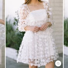 two pictures of a woman wearing a white dress with flowers on the sleeves and bottom