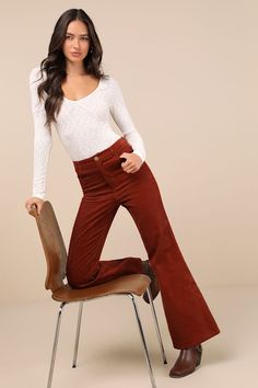 It is assured that every fall look you create with the Lulus Guaranteed Trend Rust Corduroy High-Rise Wide-Leg Pants will be compliment-worthy! These retro-inspired pants have a sturdy corduroy composition that shapes a high-rise waist with belt loops, a four-pocket cut, and a top button closure above a hidden zip fly. The chic, wide pant legs fall to flaring, full-length hems. Fit: This garment fits true to size. Length: Floor length. Size medium Inseam: 31.00 Front Rise: 12.25 Waist: Fitted - Fall High Waist Wide Leg Corduroy Pants, High Waist Corduroy Wide Leg Pants For Fall, Full-length Corduroy Pants For Fall, Corduroy Pants For Fall, Fall Full-length Corduroy Pants, Brown Flare Jeans For Fall, Full-length Corduroy Bottoms For Fall, Full Length Corduroy Bottoms For Fall, Fall Full Length Corduroy Bottoms