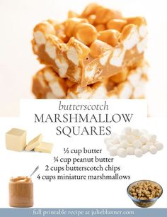 marshmallow squares are stacked on top of each other with the words butterscotch marshmallow squares below