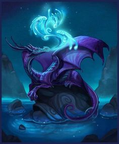 a blue and purple dragon sitting on top of a rock