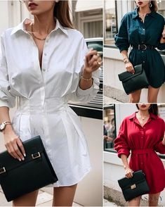 Lasaky - Elegant Solid Colored Woven Dress with Waist Belt, Button-Down Closure, and Long Sleeves Trendy Office Dresses With Buttons, Colored Weave, Mid Length Skirts, Skirt Skirt, Woven Dress, Types Of Skirts, Shirt Collar, Stylish Shirts, Olivia Mark