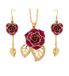 back Elegant Rose-colored Jewelry As A Gift For Her, Elegant Rose Pendant Jewelry, Elegant Rose Design Pendant Jewelry, Elegant Rose Design Jewelry For Valentine's Day, Luxury Rose Design Jewelry As A Gift, Rose Gold-plated Jewelry Sets As Gift, Rose Gold Plated Jewelry Set Gift, Rose Flower-shaped Jewelry With Matching Earrings, Elegant Rose Red Jewelry For Mother's Day