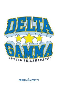 the delta gama logo is shown in blue and yellow, with stars above it