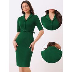 This sheath dress features a timeless and sophisticated design that never goes out of style. Its clean lines and tailored silhouette give it a polished and professional look, making it suitable for various business occasions. With its versatile design, this dress can easily transition from day to night. Pair it with heels and accessories for a formal business event. Fit for an office outfit. Knee-length Slim Fit Bodycon Dress For Office, Office Knee-length Slim Fit Bodycon Dress, Slim Fit Knee-length Bodycon Dress For Office, Slim Fit Knee-length Bodycon Office Dress, Notch Lapel Fitted Office Dresses, Fitted Office Lady Bodycon Dress For Career, Office Lady Dress With Notch Lapel For Office Wear, Slim Fit Sheath Bodycon Dress For Workwear, Elegant Bodycon Dress With Button Closure For Work