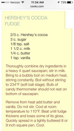 the recipe for hershey's cocoa fudge is shown on an iphone screen