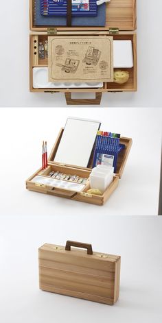 three wooden boxes with pens, pencils and other items in them sitting on top of each other