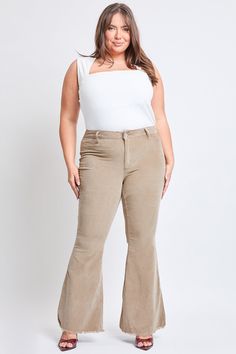 Step up your vintage style in our Women's Plus Corduroy Flare. These bell-bottom pants are in a textured corduroy and flare silhouette. Designed slim in the hips and thighs, as well as with a high-rise and a seam behind the knee for an extra flattering fit. Featuring a frayed hem to spice things up! We love these styled with a band tee and sneakers for a trendy look or a sweater vest and booties.Product Details- High-Rise - 1-Button Closure with Zipper - 5 Pocket Construction- Flare Silhouette S Stretch Flare Corduroy Bottoms, Stretch Corduroy Flare Bottoms, Spring Flare Corduroy Bottoms, Spring Flared Corduroy Bottoms, Flared Corduroy Bottoms For Spring, Flare Corduroy Bottoms For Spring, Ymi Jeans, Bell Bottom Pants, Taupe Color