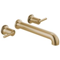 an image of two faucets with handles in gold color on white background, side view