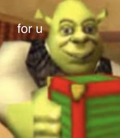 a cartoon character holding a green box with the words for u on it and smiling