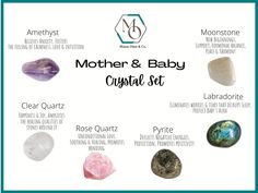 Crystals and gemstones are beautiful creations of our Mother Earth and are one of many tools to help us heal, and connect our mind, body and soul together including our connection to the earth. We've carefully selected the stones and crystals for our Mother and Baby Kit with the intention of bringing love, and healing energy and to help integrate self-love into motherhood.  Our Kit Includes 1x Amethyst 1x Clear Quartz 1x Rose Quartz 1x Pyrite 1x Labradorite 1x Moonstone 1x Information Card 1x 100% Pure Beeswax Tealight Candles Set (6 tealights/set) Bonus 1x Crystal Kit Cotton Pouch Amethyst is known to relieve anxiety and bring about positive energies that will keep and protect you and your baby away from distress. This beautiful purple stone fosters the feeling of calmness, love, and intu Crystals For Nursery, Crystals For Postpartum, Crystals For Birthing, Crystals For Pregnancy Protection, Crystals For Showering, Crystals For Birth, Crystals For Labor And Delivery, Shower Crystals