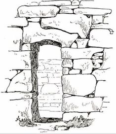 an old brick wall with a door in the middle and grass growing around it, vintage line drawing or engraving illustration